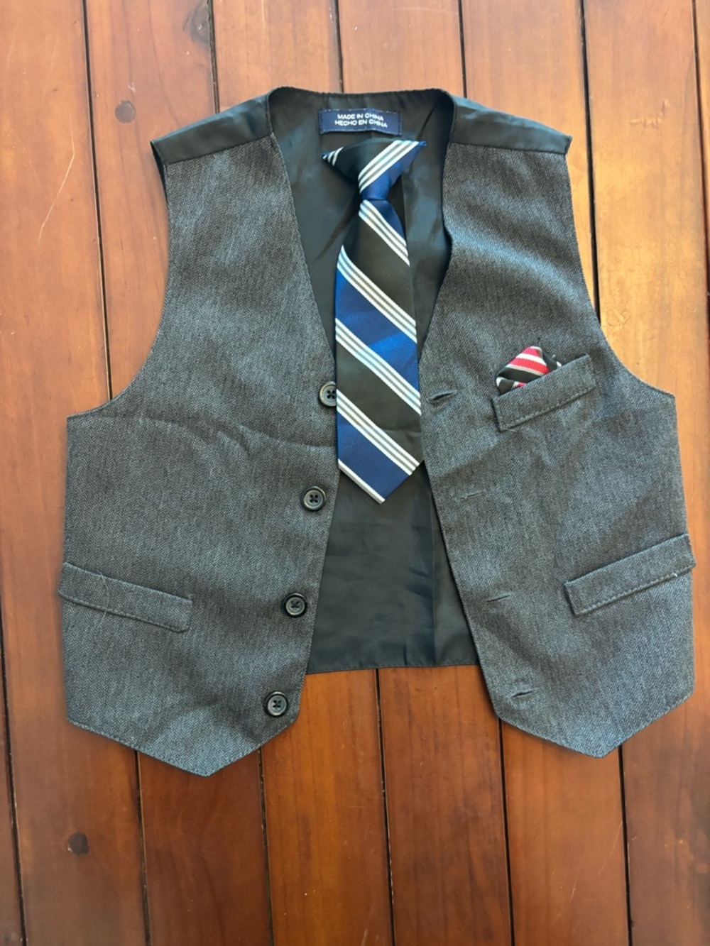 Boys Gray Herringbone Dress Vest with Tie